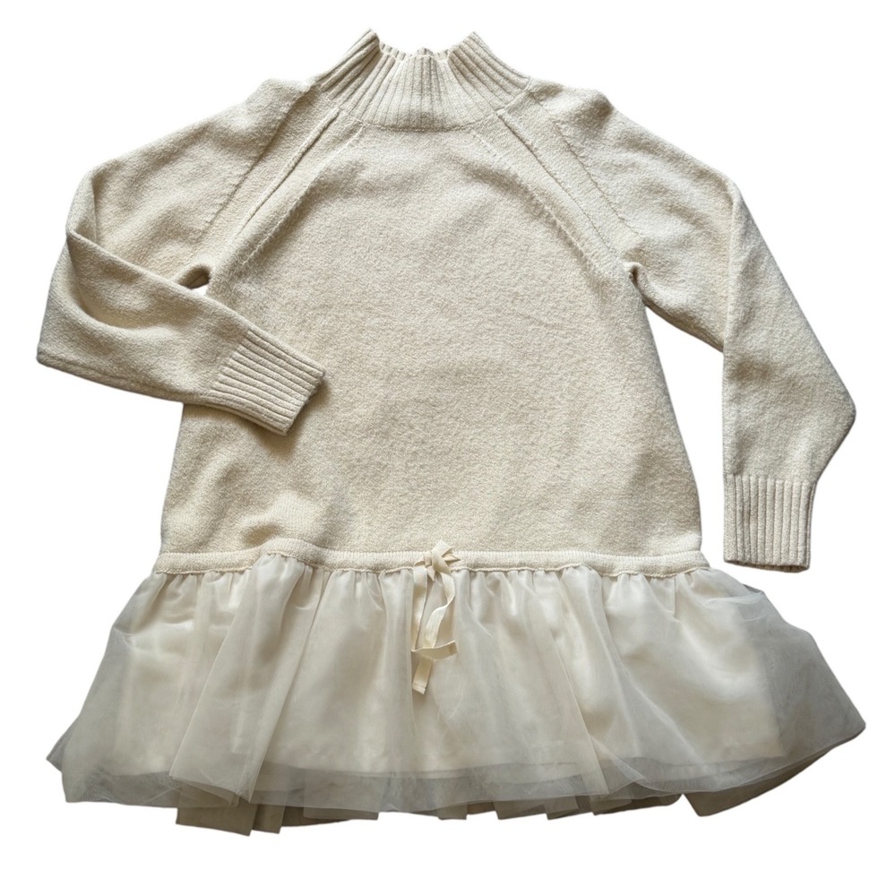 Anthropologie Cream Mock Neck Tulle Hem Sweater Dress XXSP